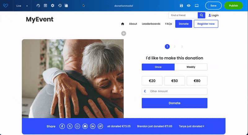 animated graphic showing the function of modal mode in the top left menu of visual builder