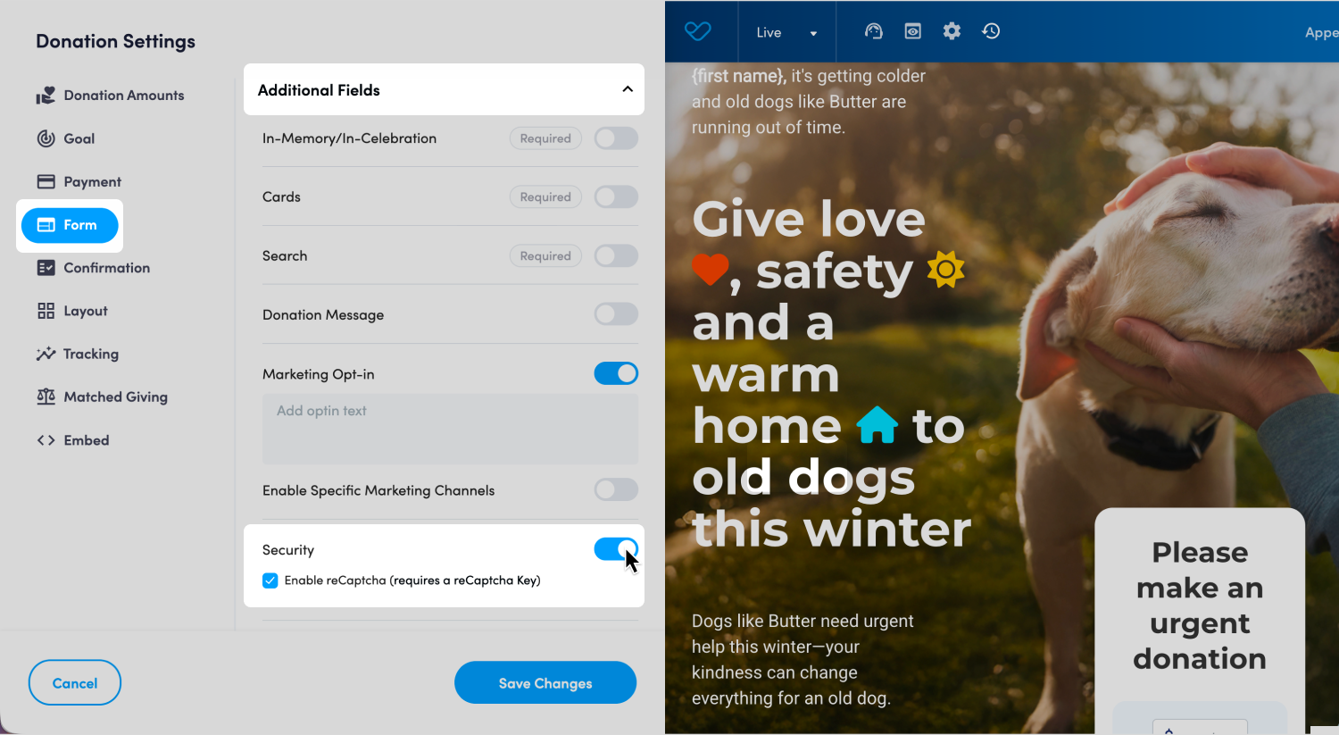 Screenshot of Donation Block admin settings in Visual Builder