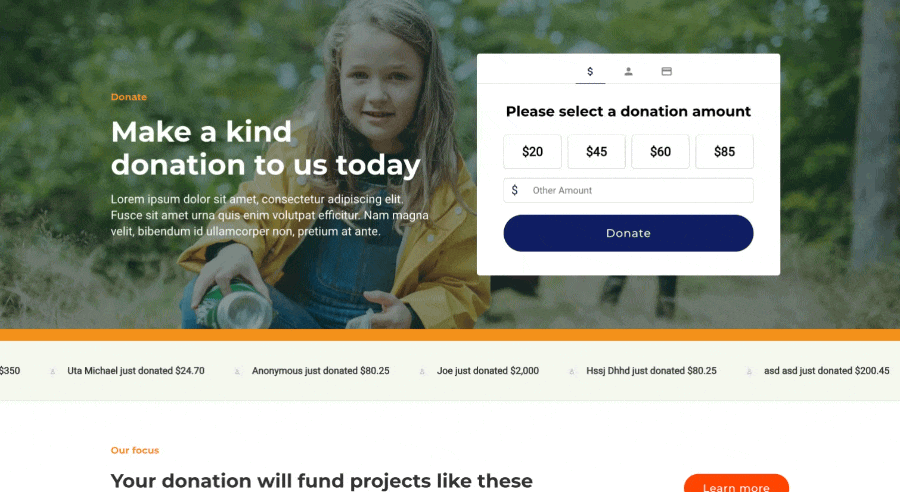 gif depicting a user proceeding through the donation form to the Regular Giving Upsell step