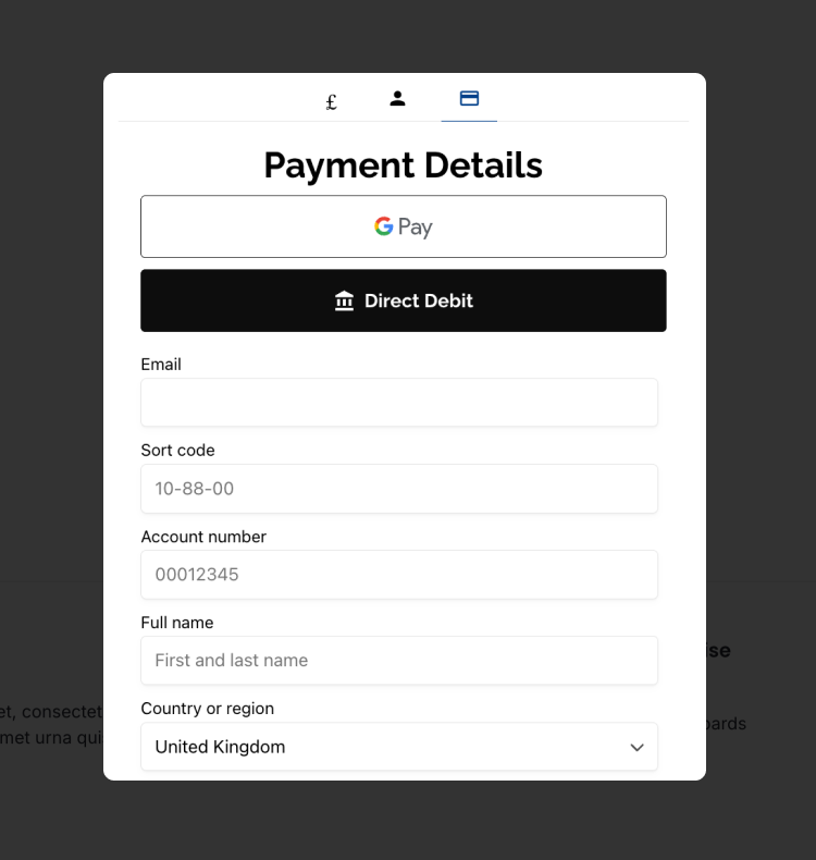 Screenshot of payment step of donation form showing Direct Debit fields for UK based donors