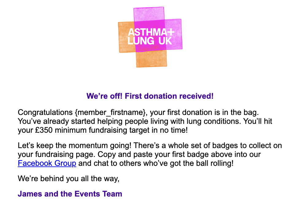 Asthma + Lung UK First donation email Asthma + Lung UK First donation email