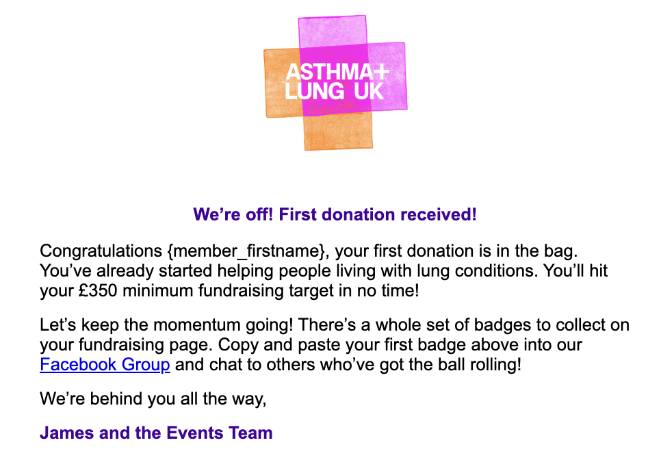 Asthma + Lung UK First donation email