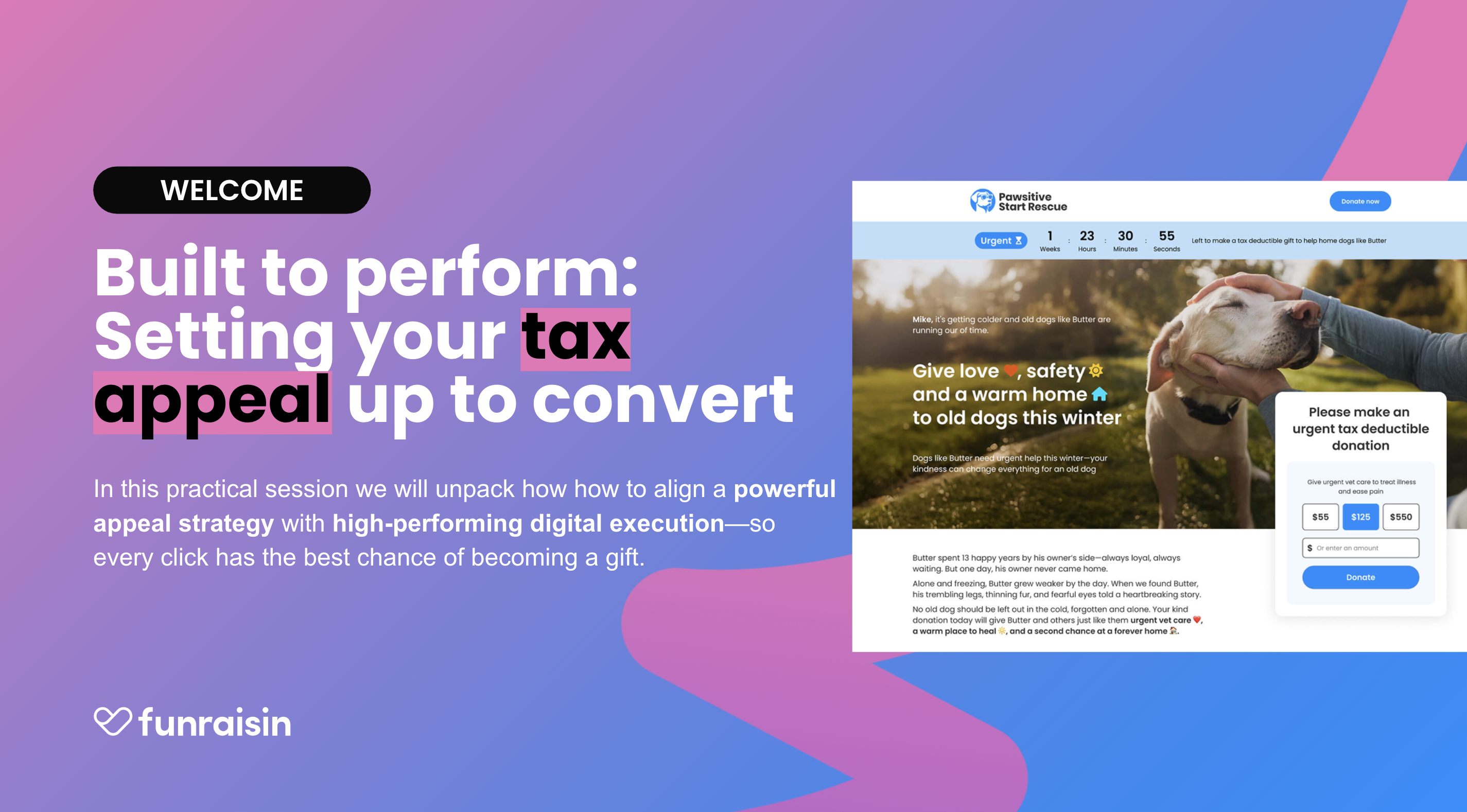Tax Appeal webinar cover slide with gradient background and headline ‘Built to perform: Setting your tax appeal up to convert,’ alongside a sample donation page showing a dog and urgent fundraising message.