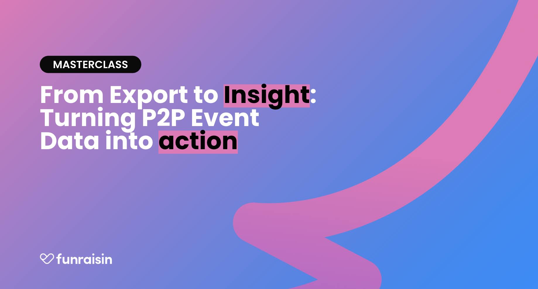 Funraisin masterclass promotional graphic with gradient pink-to-blue background and bold text reading ‘From Export to Insight: Turning P2P Event Data into Action.’ Features black and pink highlighted typography, curved abstract ribbon design, and Funraisin logo in the bottom left.