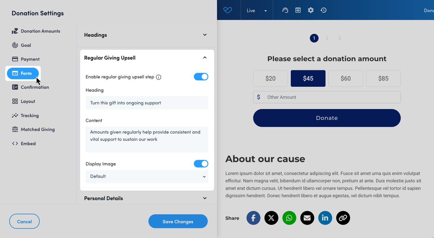Screenshot displaying where the Regular Giving Upsell can be activated in the Form tab of the Donation Block settings