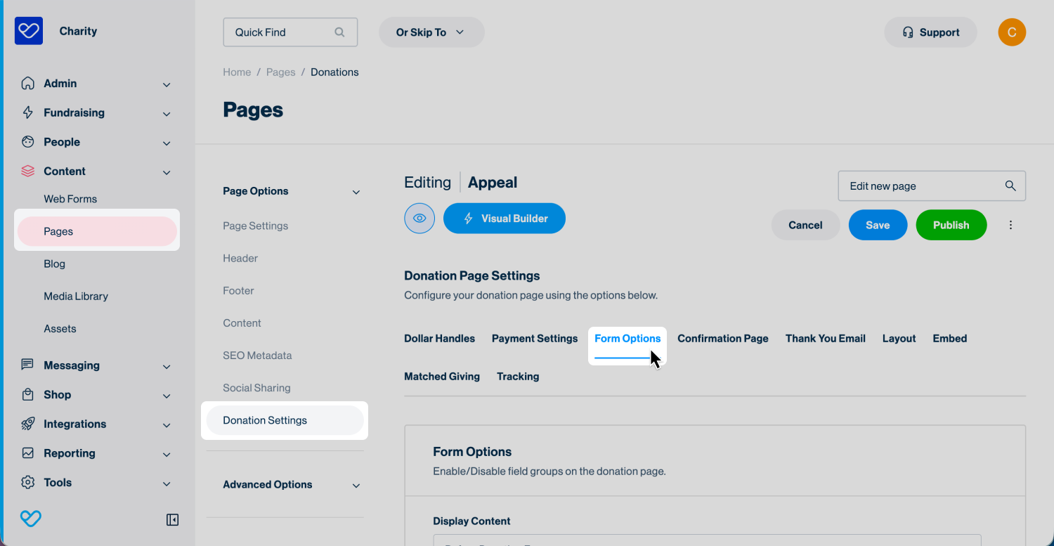 Screenshot of donation form form options in the admin