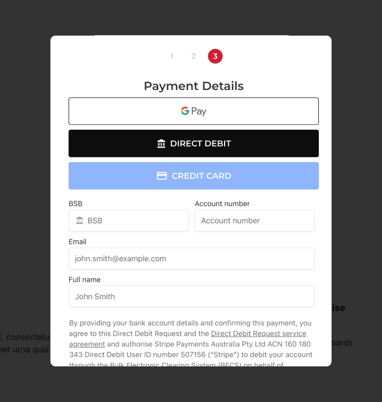 Screenshot of payment step of donation form showing Direct Debit fields for Australian based donors