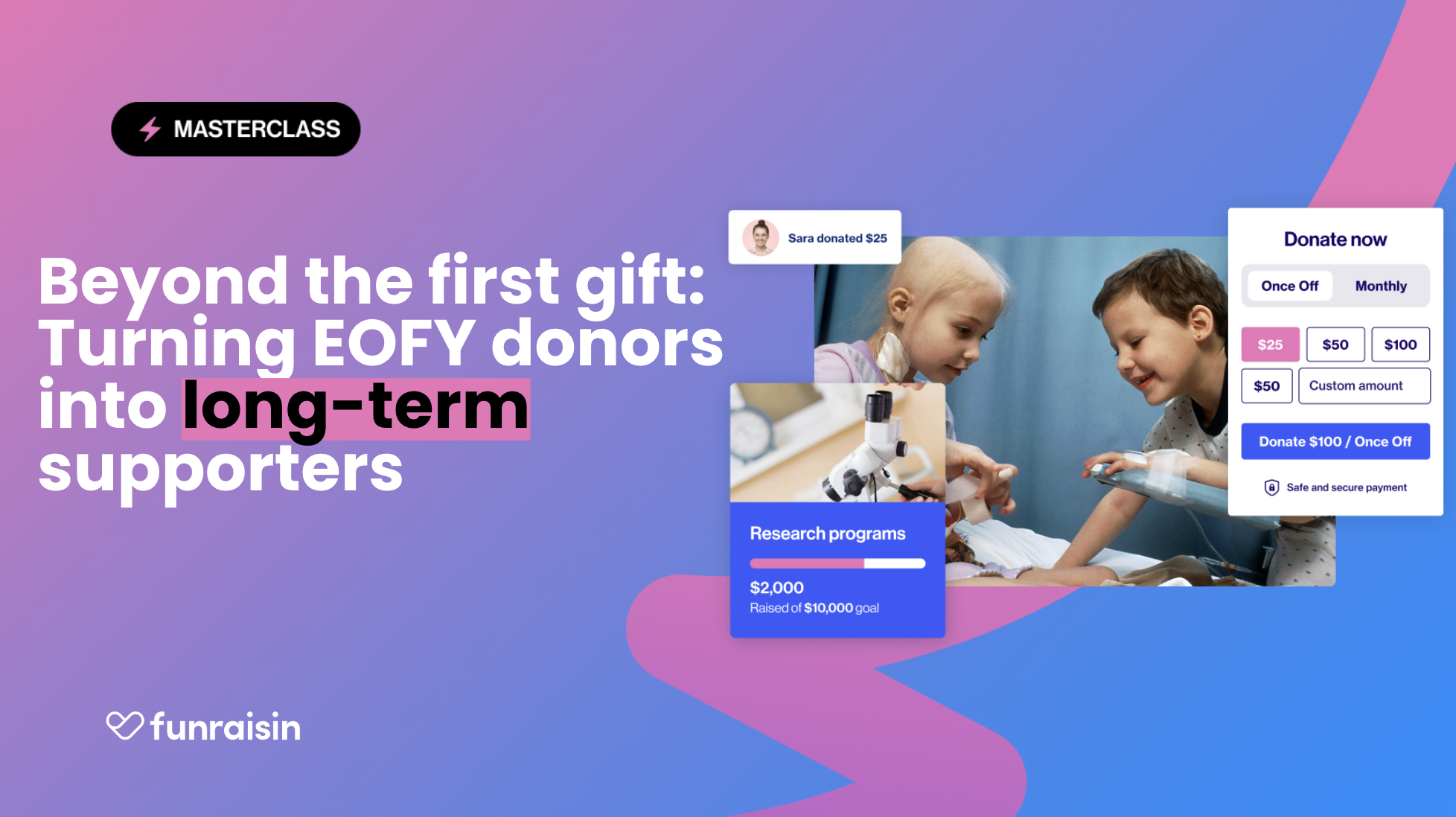 Funraisin Masterclass: Beyond the first gift – Turning EOFY donors into long-term supporters, featuring donor and fundraising imagery.